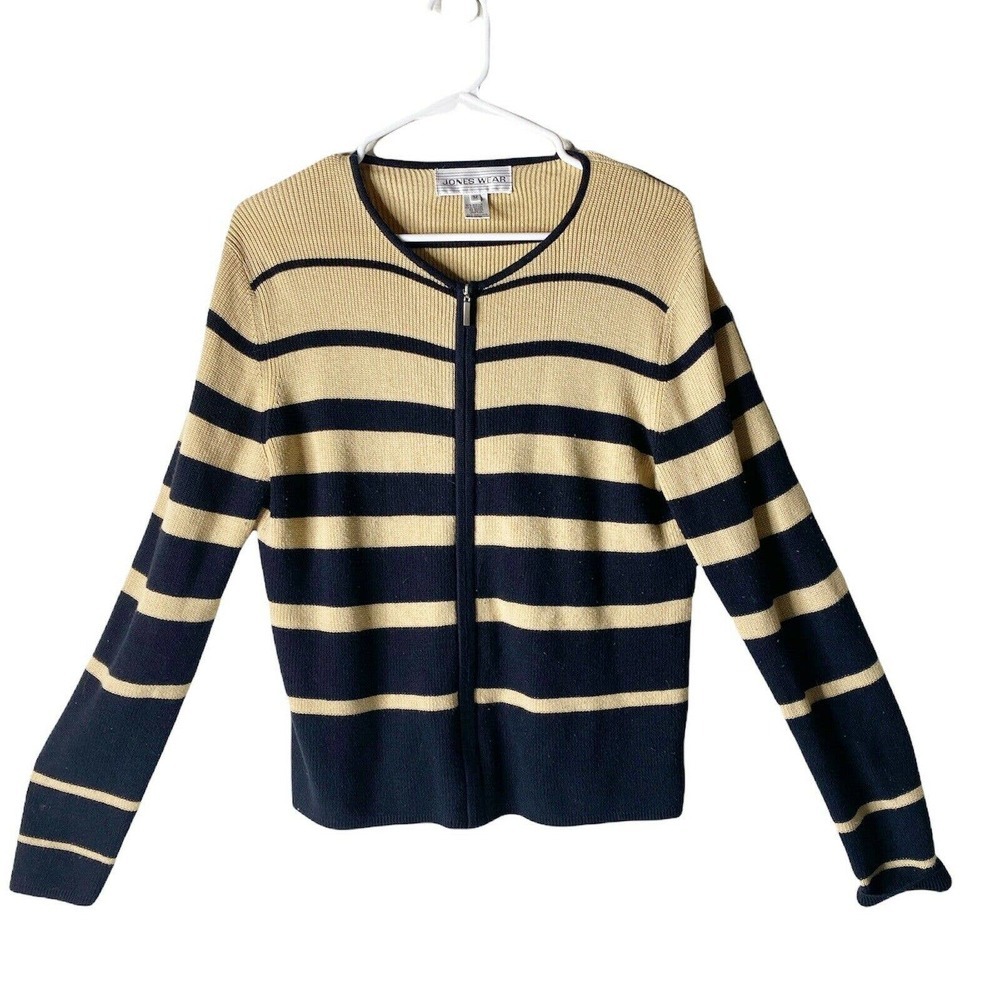Jones Wear Full Zip Cardigan SweaterSize Medium Knit Black Tan Stripe